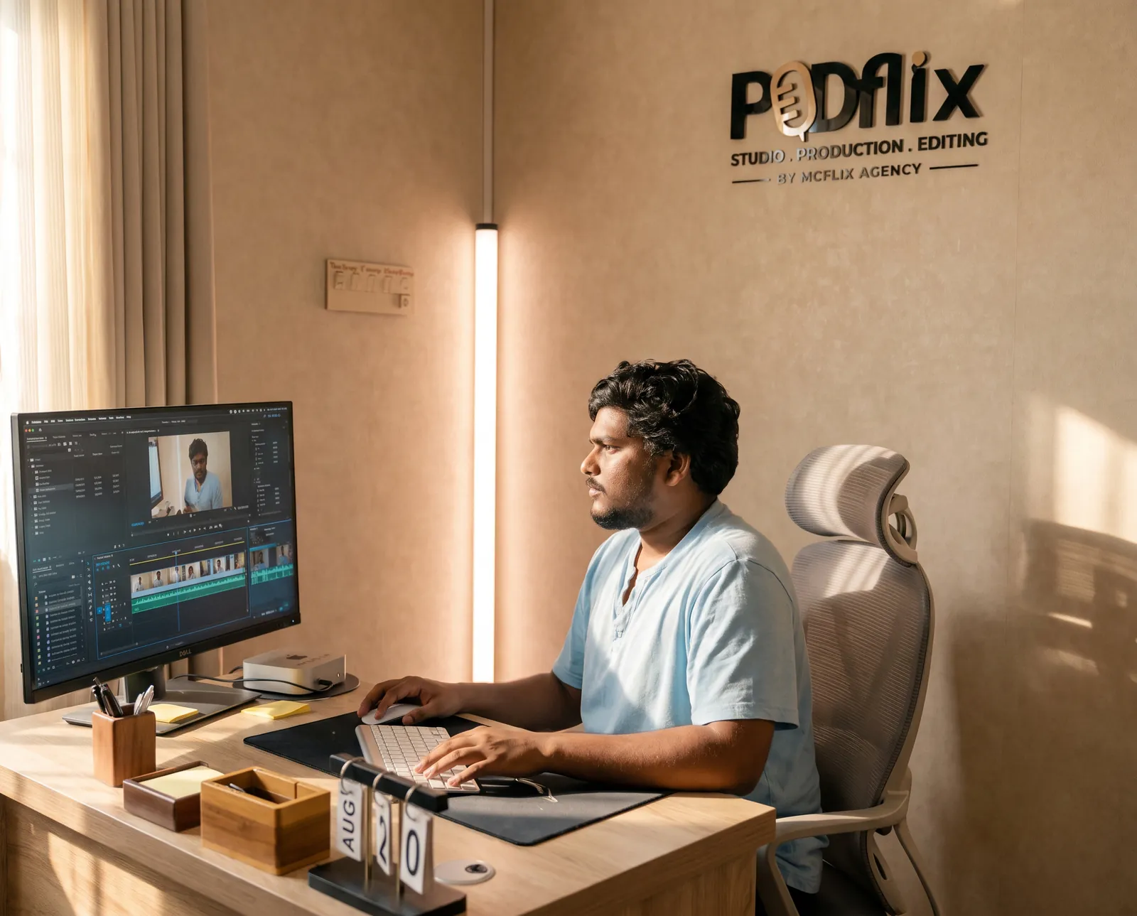 A Podflix editor cutting a podcast episode in Premiere Pro — Podflix Studio, Business Bay Dubai