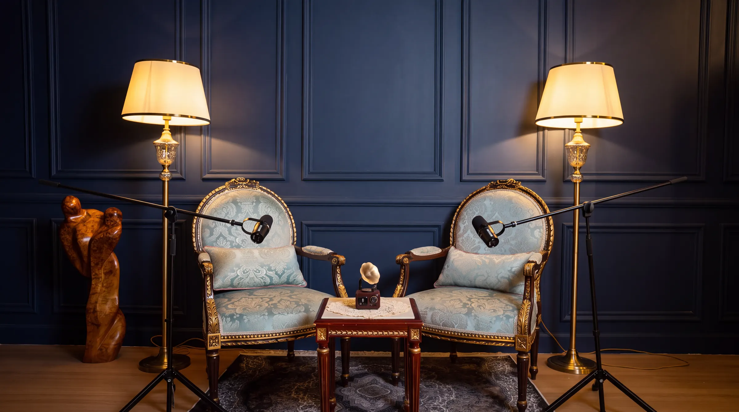 Navy-panelled podcast set with two ornate armchairs, brass floor lamps and boom microphones — Podflix Studio, Business Bay Dubai