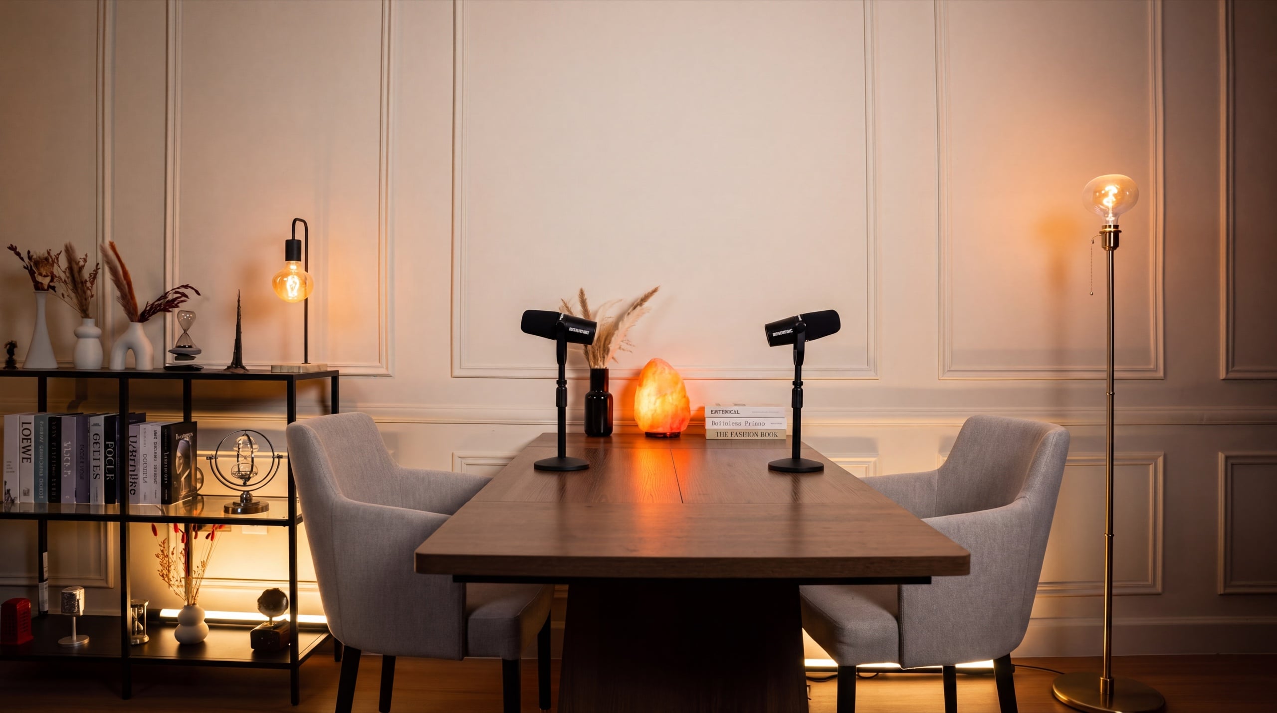 Modern duo podcast set at the studio table — Podflix Studio Dubai